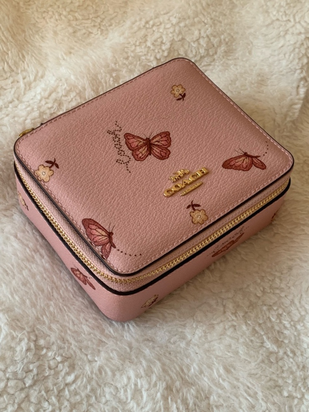 Coach Pink Butterfly Leather Zip-Around Travel Jewelry Case Organizer Box Mirror